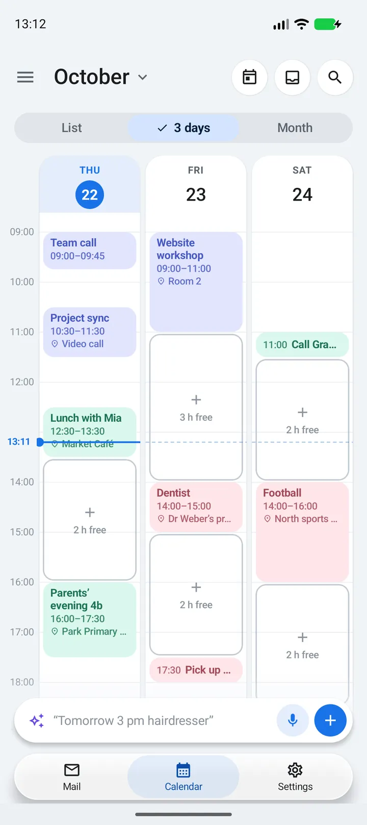 Calendar in the Android app: three-day view