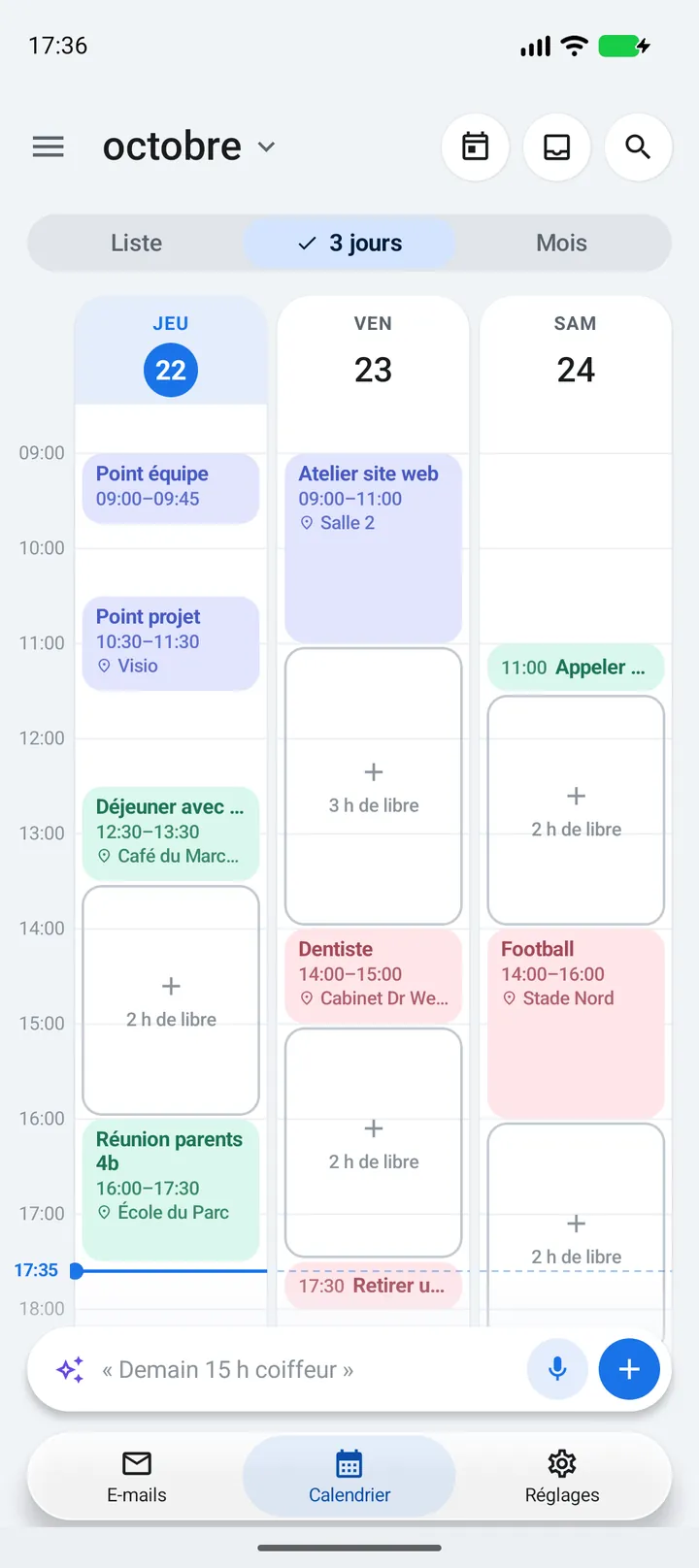Agenda dans l’appli Android : vue sur trois jours