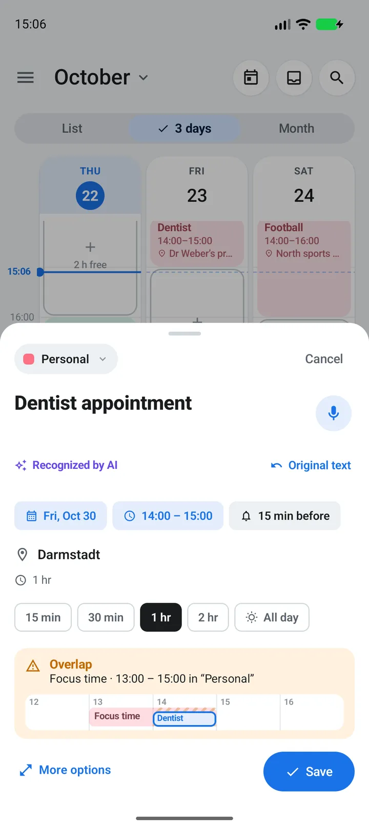 Android app: event recognised by AI with date, time and place