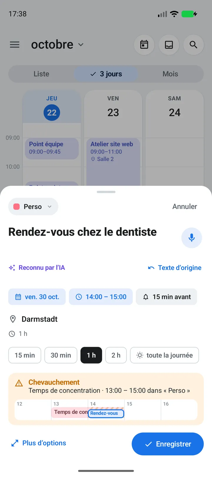 Appli Android : rendez-vous reconnu par l’IA avec date, heure et lieu