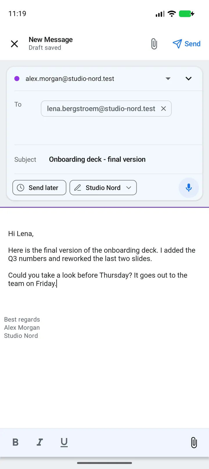 App: new message with send later, signature and dictation below the subject