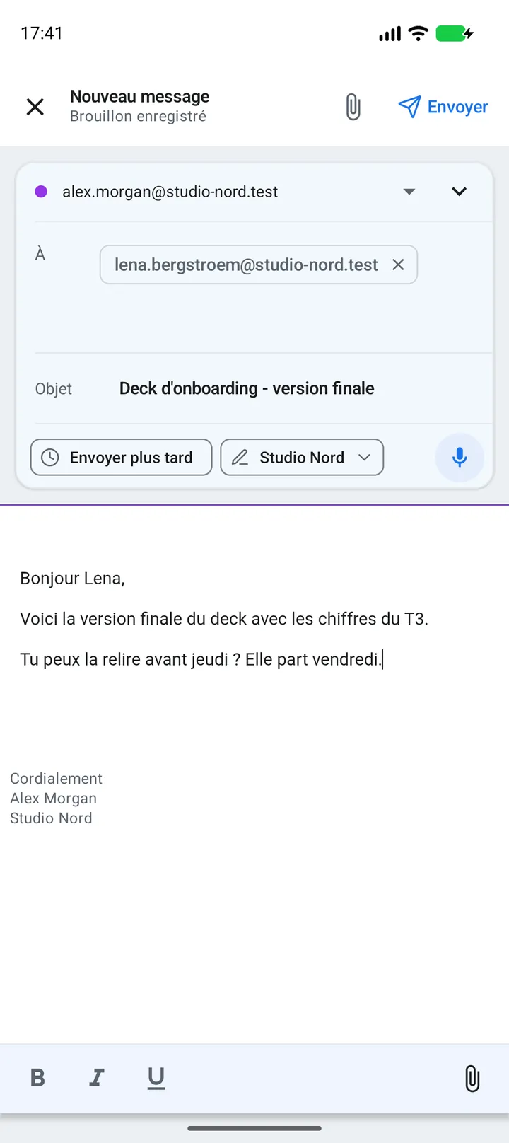 Appli : nouveau message avec envoi programmé, signature et dictée sous l’objet