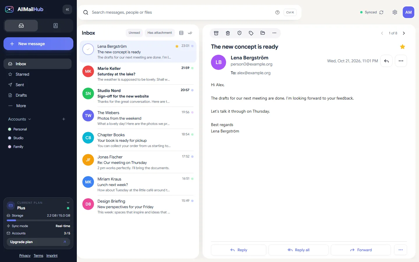 AllMailHub in the browser: shared inbox with three accounts