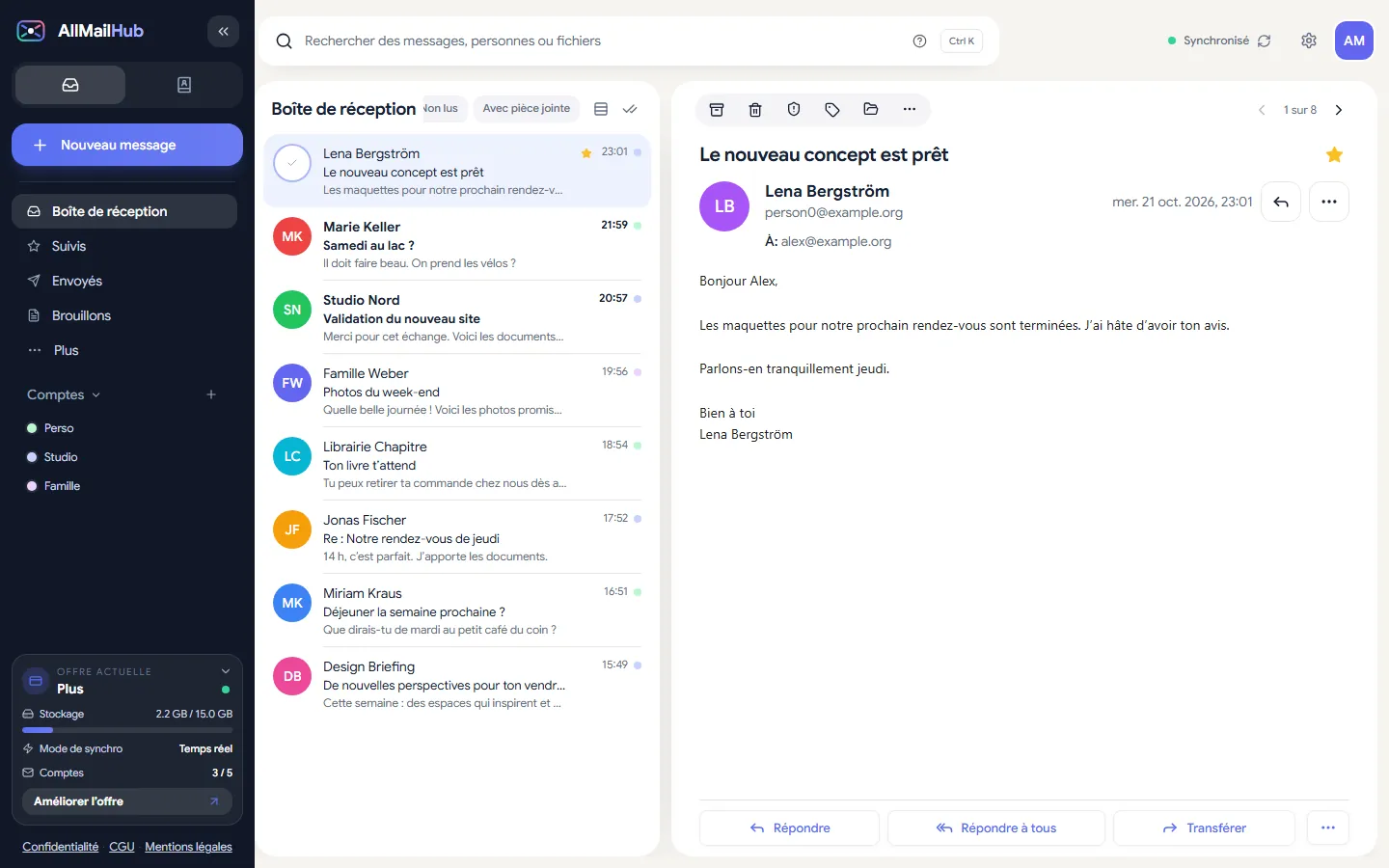 AllMailHub dans le navigateur : boîte de réception commune avec trois comptes